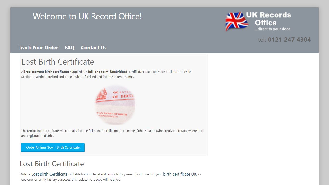 Lost Birth Certificate - UK Record Office