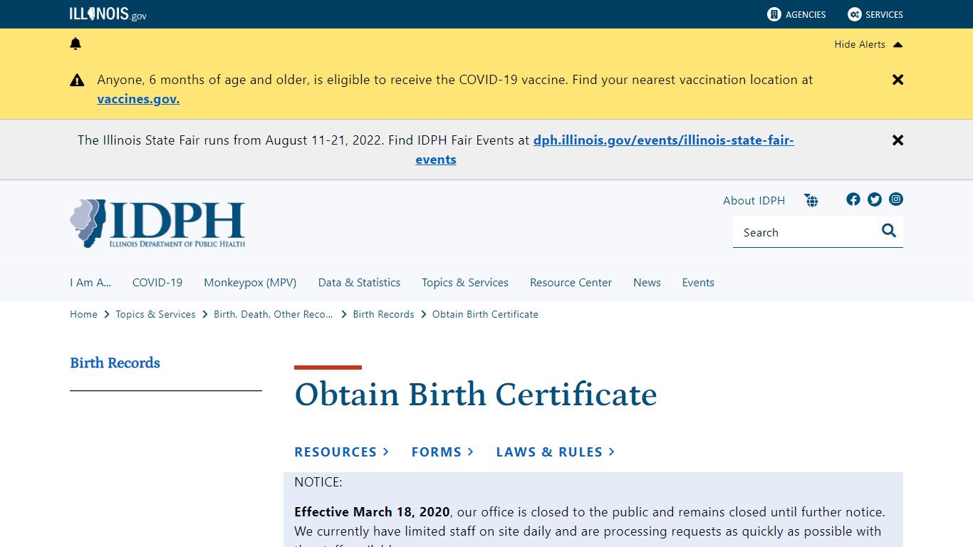 Obtain Birth Certificate - Illinois